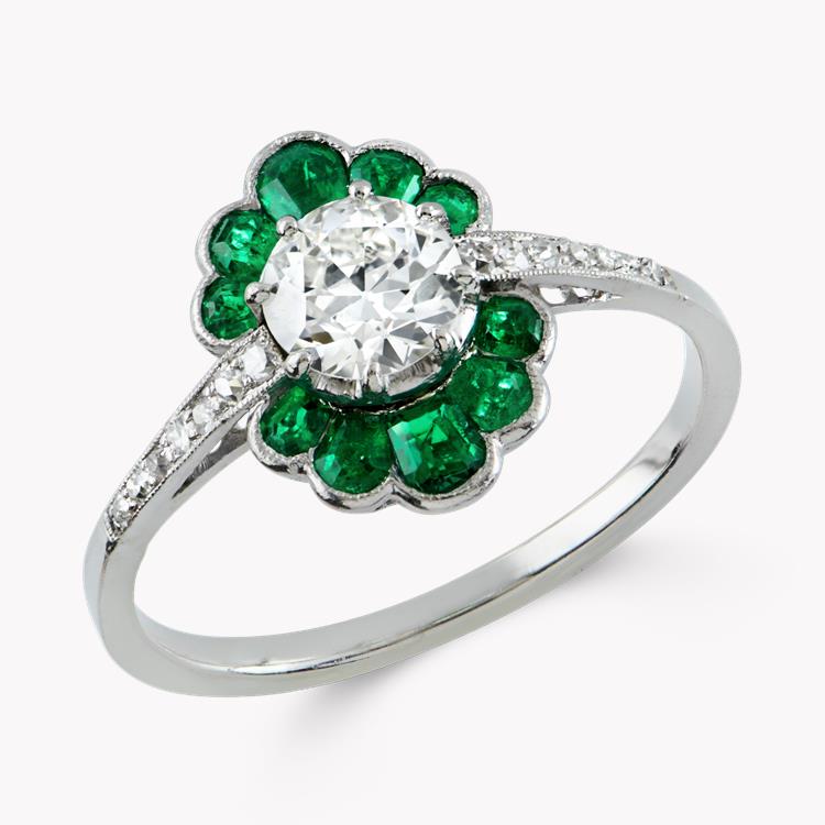 Art Deco Diamond and Emerald Ring  0.70CT in Platinum Old Cut Cluster Ring, with Calibre Cut Emeralds_1