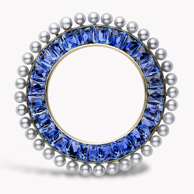 Edwardian Circle Brooch  with Sapphires & Pearls in Yellow Metal Calibre Cut and Round Bead, Rub Over and Post Set_1