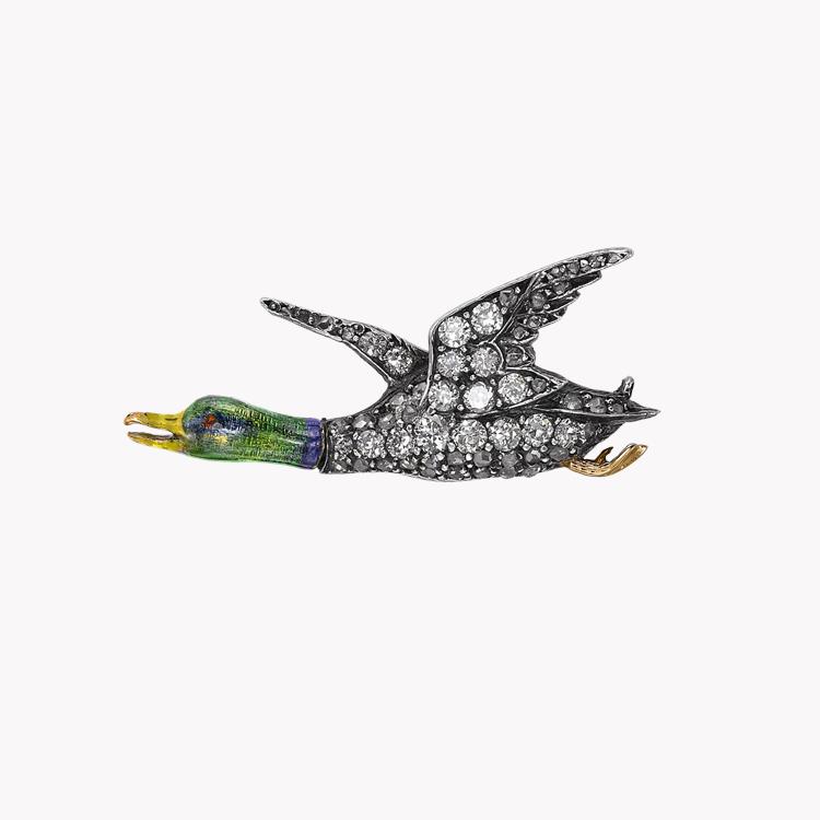 Victorian Diamond Duck Brooch in Yellow & White Gold Old Cut Diamond in Brooch, with Enamel Detail_1