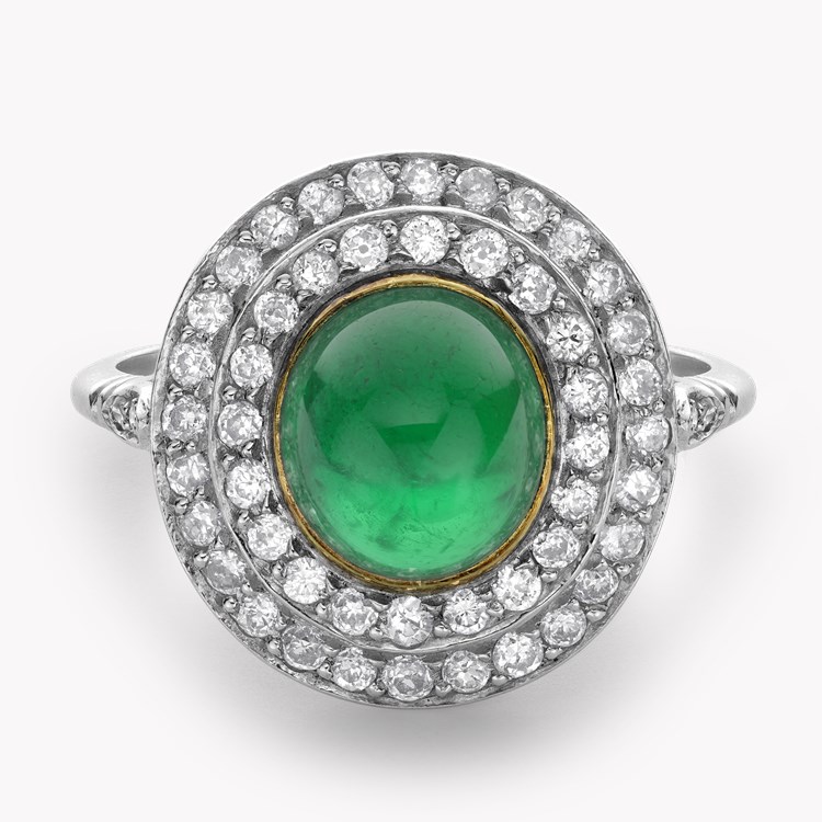 Edwardian Cabochon Colombian Emerald Target Ring Cabochon & Old Cut, Rubover & Claw Set_2