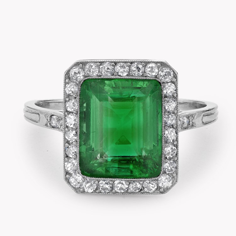 Edwardian 2.80ct Colombian Emerald and Diamond Cluster Ring Emerald Cut, Millegrain Set_2