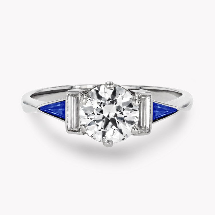 Art Deco 1.00ct Sapphire and Diamond Five Stone Ring Old European Cut, Claw Set_2