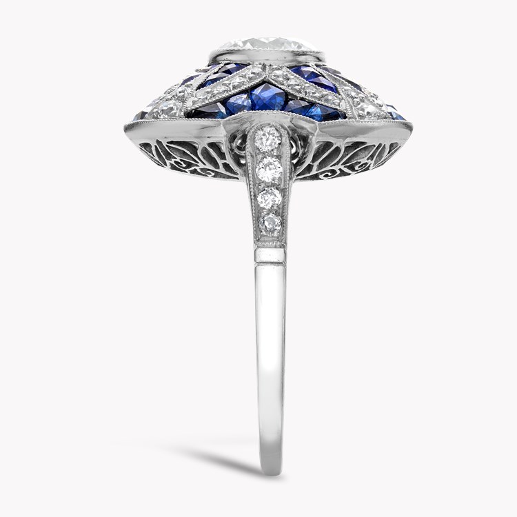 Art Deco Inspired Diamond and Calibre Sapphire Dress Ring with Sapphire and Diamond surround Old Cut, Millegrain Set_4