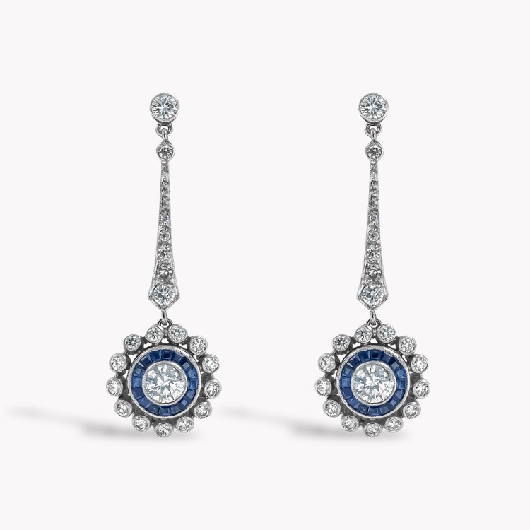 Art Deco Inspired Brilliant Cut Diamond and Sapphire Target Style Drop Earrings Brilliant Cut, Millegrain Set_1