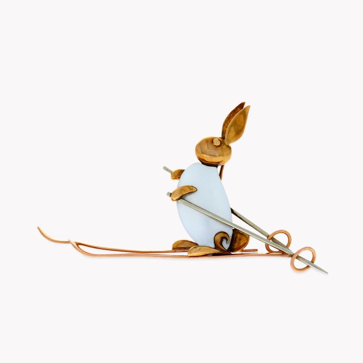 Art Deco Mother-of-Pearl Brooch in Mixed Golds Skiing Rabbit_1