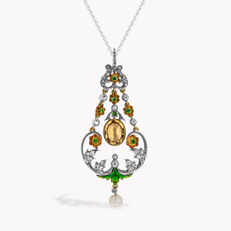 Belle Epoque Orange Topaz, Diamond, Enamel & Pearl  Pendant Oval Cut, Millegrain Set_1