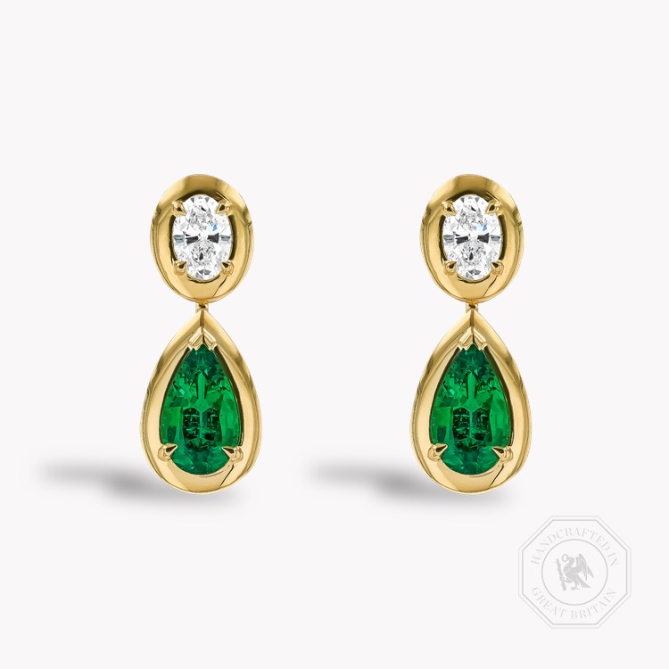 Skimming Stone Pear Shaped 2.62ct Emerald and Diamond Drop Earrings   in 18ct Yellow Gold