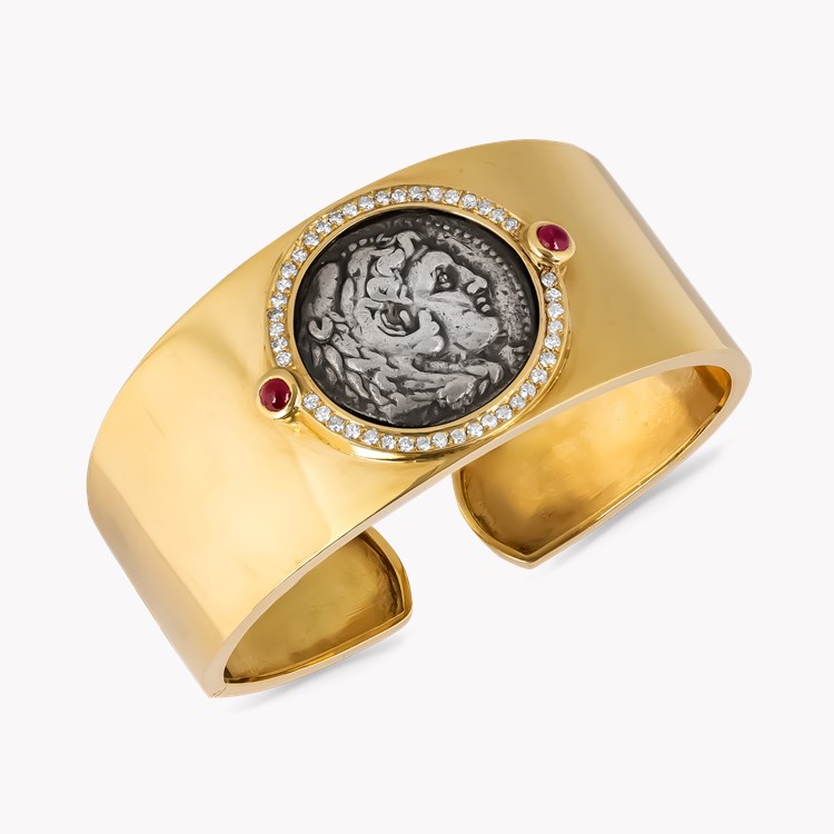 1980s Ruby and Diamond Alexander the Great and Zeus Tetradrachm Coin Bangle Cabochon & Single Cut, Rubover & Claw Set_2