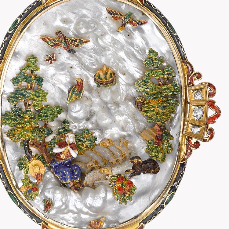 Victorian Pearl Brooch Landscape Pin Brooch, with Enamel Detail_3