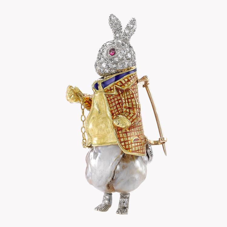 Edwardian Baroque Pearl Rabbit Brooch in Yellow & White Gold Rabbit Clip Brooch, with Diamond & Enamel_2