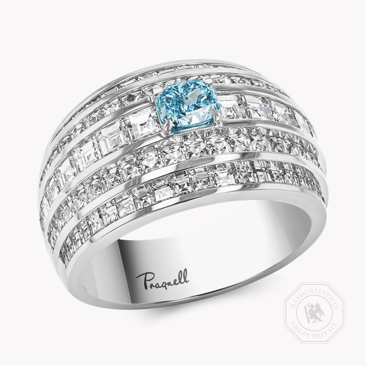 Masterpiece Manhattan Fancy Intense Blue-Green Diamond Ring Carré, French & Cushion Cut, Channel & Claw Set_1