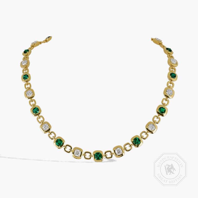 Masterpiece Skimming Stone 7.79ct Emerald and Diamond Necklace Modern Cushion Cut, Claw Set_1