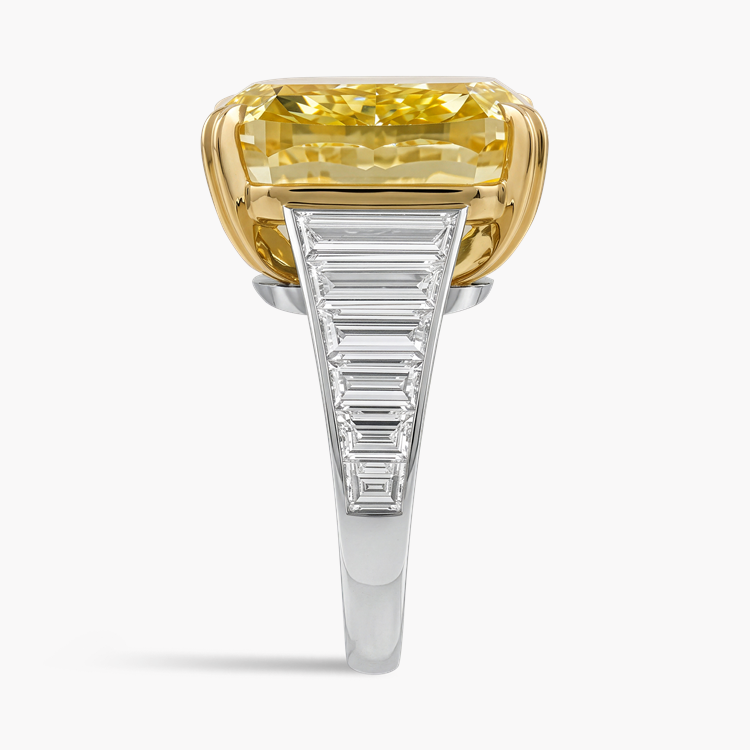 Masterpiece Cushion Cut 25.19ct South African Fancy Vivid Yellow Diamond Ring Modern Cushion & Baguette Cut, Claw Set_4