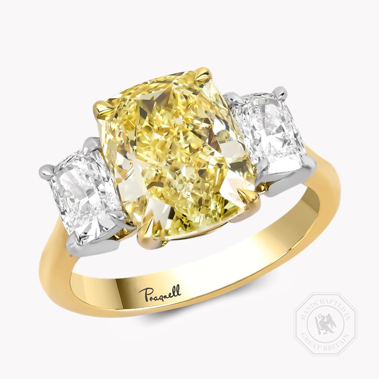 Cushion Cut 4.20ct Fancy Yellow Diamond Three Stone Ring Cushion Cut, Claw Set_1