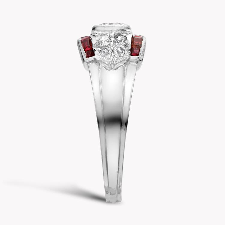 Art Deco Three Stone Plaque Ring  Ruby, Diamond & Platinum Brilliant, Old and Calibre Cut, Rub Over and Claw Set_4