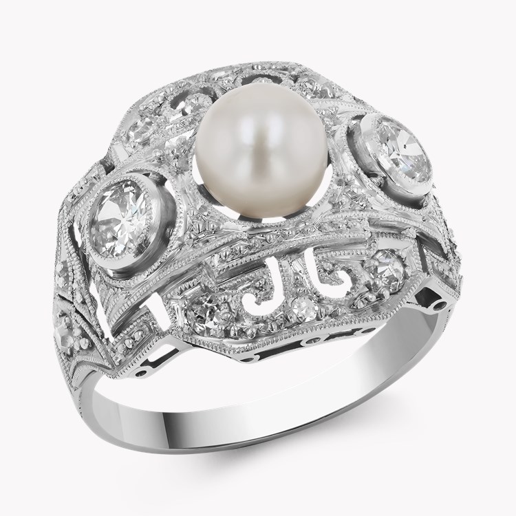 Edwardian Pearl and Old European Cut Diamond Curved Plaque Ring Rubover & Grain Set_1