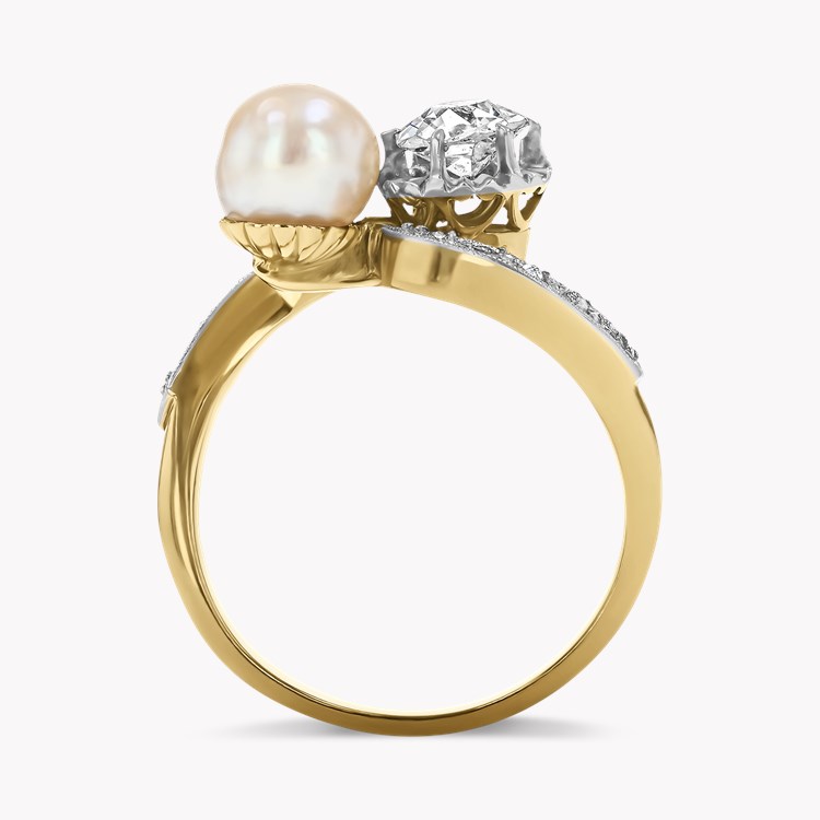 Edwardian Cushion Cut Diamond and Pearl Toi et Moi Ring Cushion Antique Cut, Claw Set_3