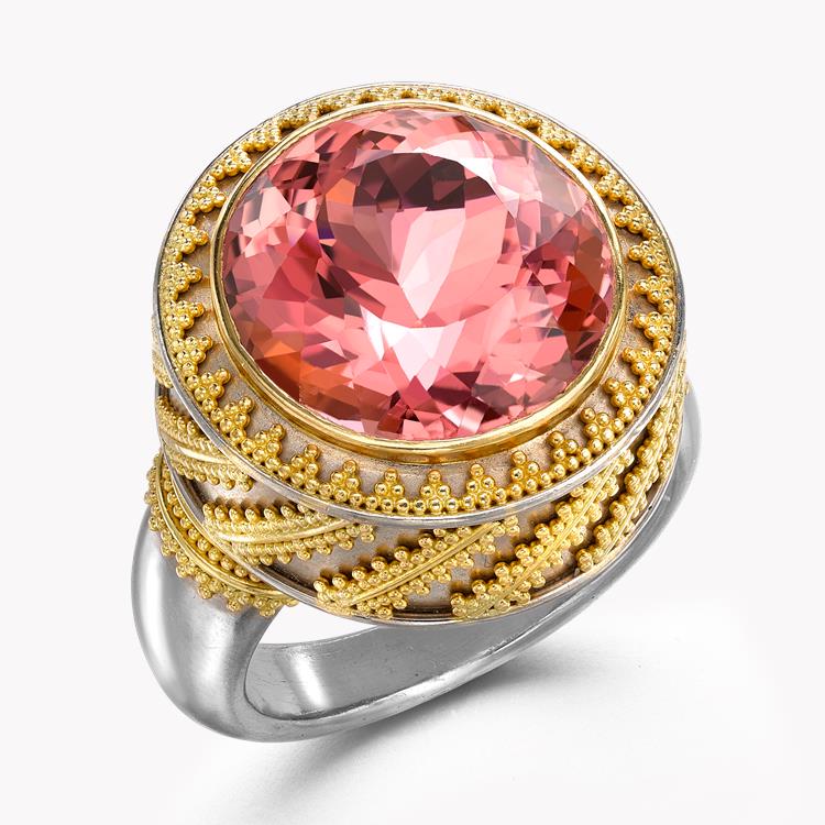 1980s Tourmaline Ring 15.70CT in Yellow Gold Cushion Cut Solitaire Ring, with Beaded Surround_1
