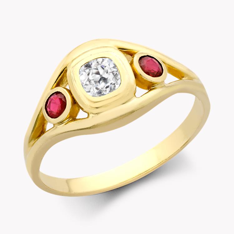 Three Stone Diamond & Ruby Ring  0.45CT in Yellow Gold Cushion & Old Cut, Rubover Set_1