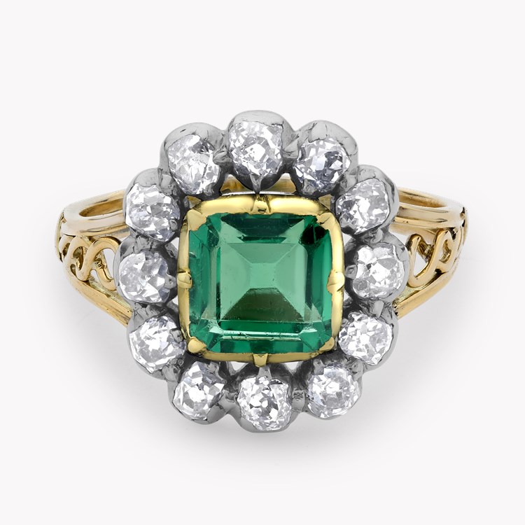 Victorian 1.16ct Colombian Emerald and Diamond Cluster Ring Octagonal Cut, Claw Set_2