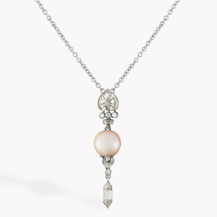 Edwardian Natural Pearl and Diamond Pendant in platinum Natural Pearl Pendant, with Baguette Cut Diamond_1