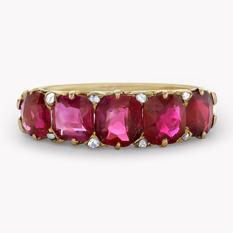 Victorian Five Stone Burmese Ruby Ring Cushion Cut, Claw Set_2