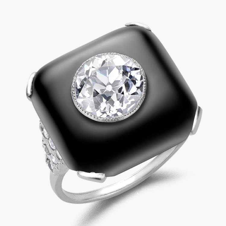 Art Deco 2.05ct Onyx and Diamond Plaque Ring Brilliant Cut, Millegrain Set_1
