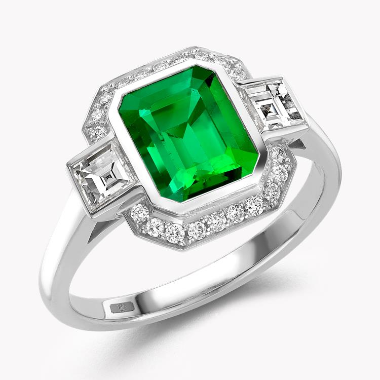 Columbian Trap Cut Emerald Ring 1.63CT in Platinum Cluster Ring with Carre Cut Shoulders_1
