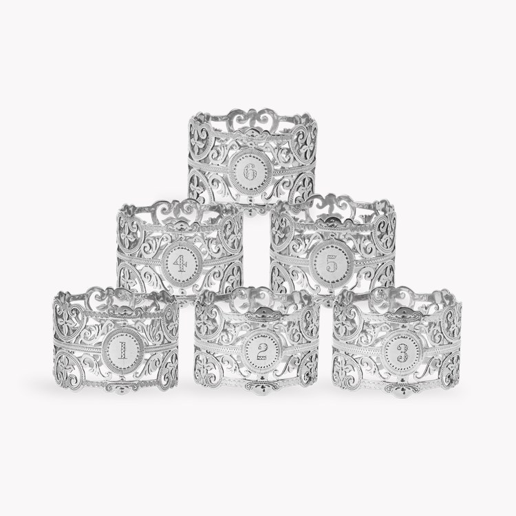 Silver Set of Six Numbered Decorative Napkin Rings _2