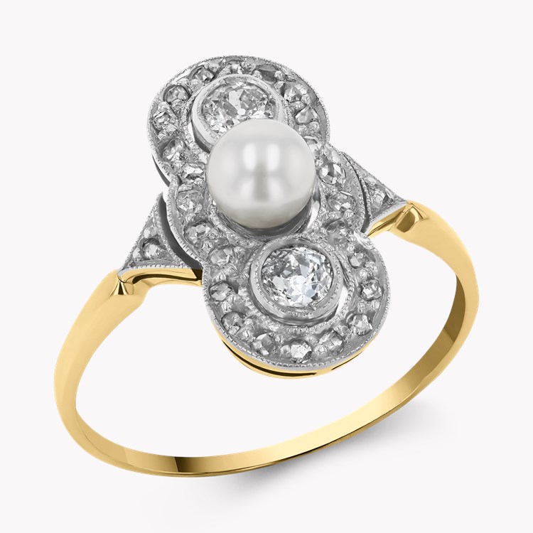 Edwardian Pearl and Old European Cut Diamond Scalloped Plaque Ring Old European Cut_1