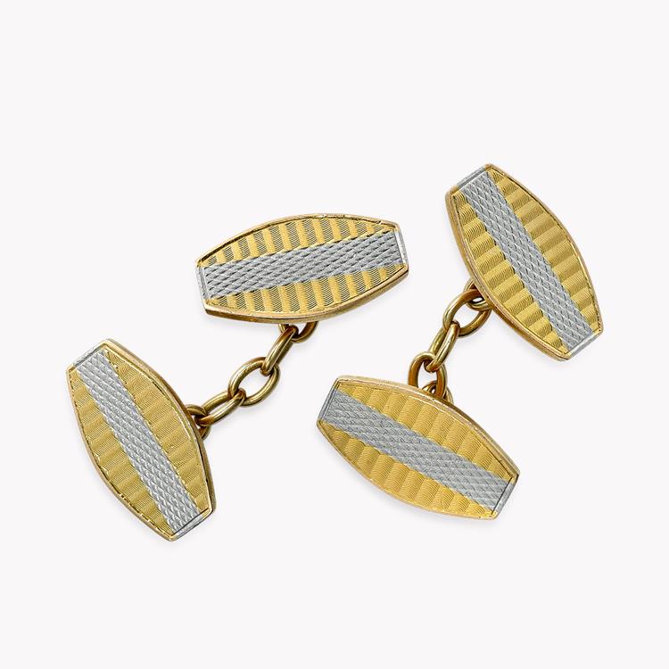 Art Deco Engine Turned Cufflinks in Yellow Gold & Platinum Chain Link Cufflinks, with Engine Turned Pattern_1