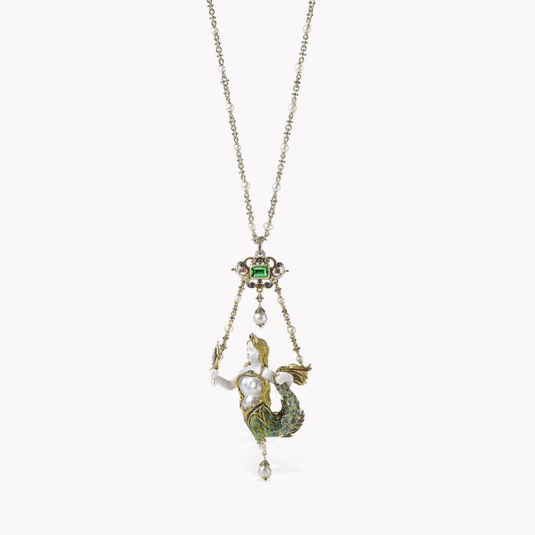 Victorian Emerald Mermaid Pendant in Yellow Metal Mixed Cut, with Pearl and Enamel Detail_1