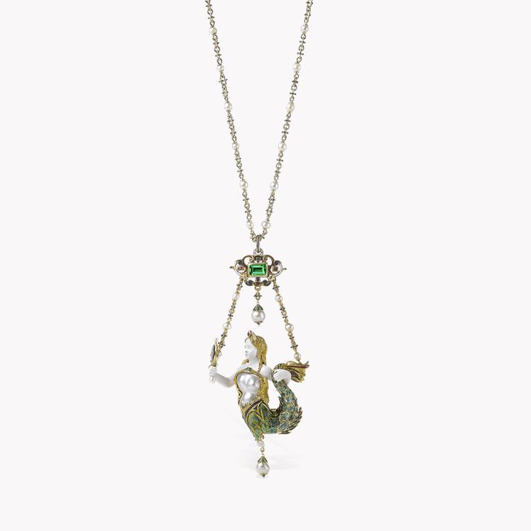 Victorian Emerald Mermaid Pendant Mixed Cut, with Pearl and Enamel Detail_1