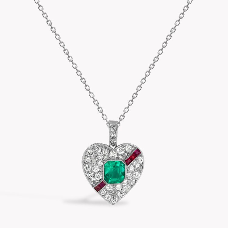 Art Deco Emerald Cut Emerald, Ruby and Diamond Heart Pendant Emerald Cut, Millegrain Set_1
