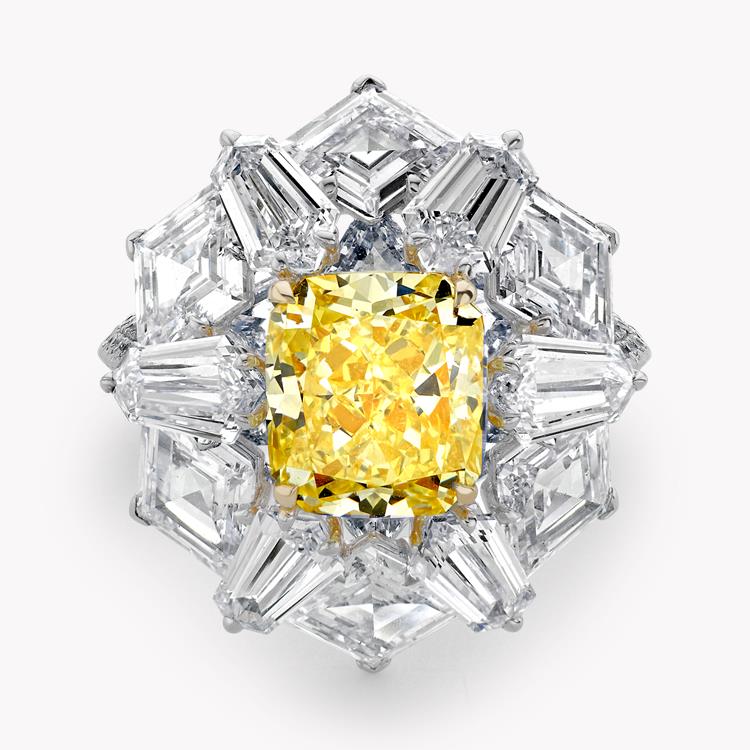 Masterpiece Fancy Vivid Yellow Diamond Ring  3.02ct in White Gold Claw set Radiant cut Yellow Diamond with White Kite Shield Triangular Corner and French cut Diamond surround_2