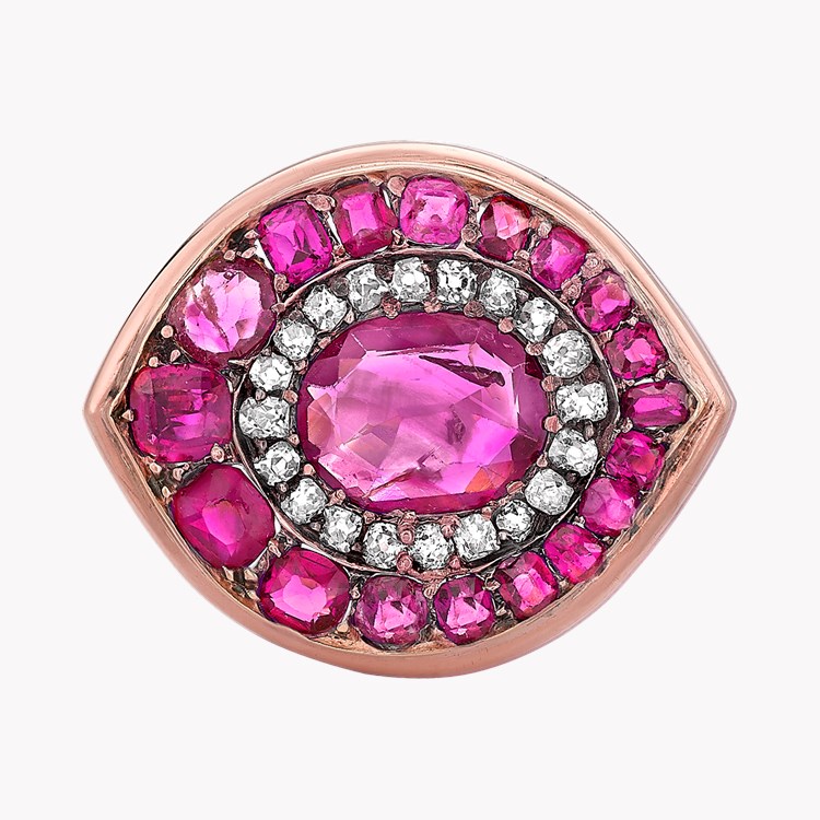 Art Deco Ruby Cluster Ring Oval Cut Ruby Ring, with Diamond & Ruby Surround_2