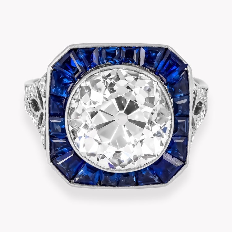 Art Deco Old Cut 3.30ct Diamond and Sapphire Target Ring Old European Cut, Rubover Set_2