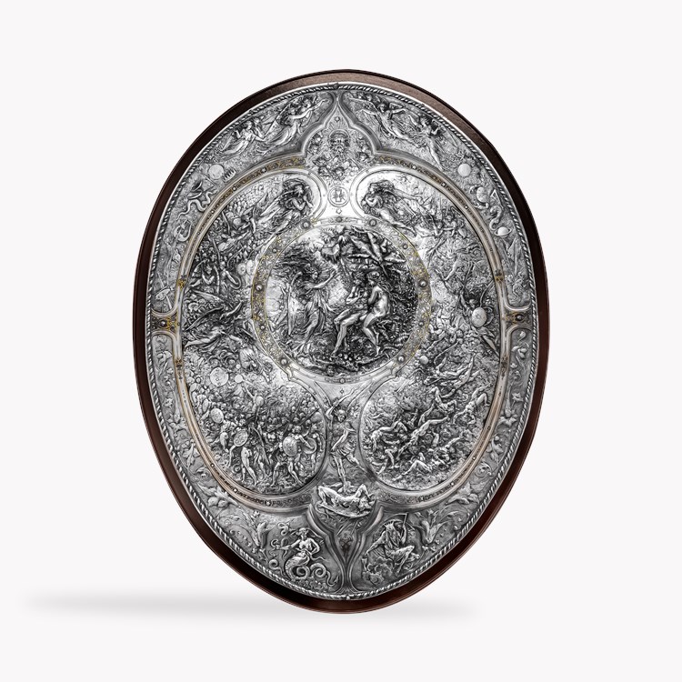Antique Electroformed Copper, Silver and Gold Plated Shield, Depicting Scene 'Paradise Lost'