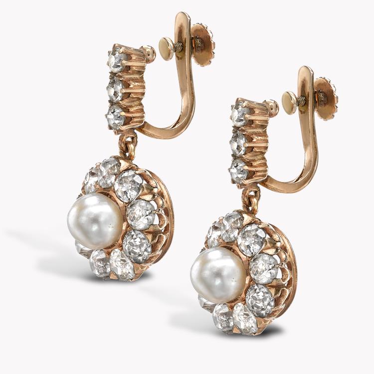 Victorian Natural Pearl Earrings 6MM in Rose Gold Natural Pearl Earrings, with Diamond Surrounds_2
