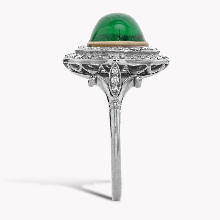 Edwardian Cabochon Colombian Emerald Target Ring Cabochon & Old Cut, Rubover & Claw Set_4