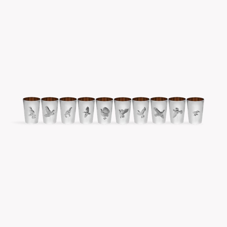 Silver Set of Ten Bird Motif Shooting Cup with Guilded Edge _3