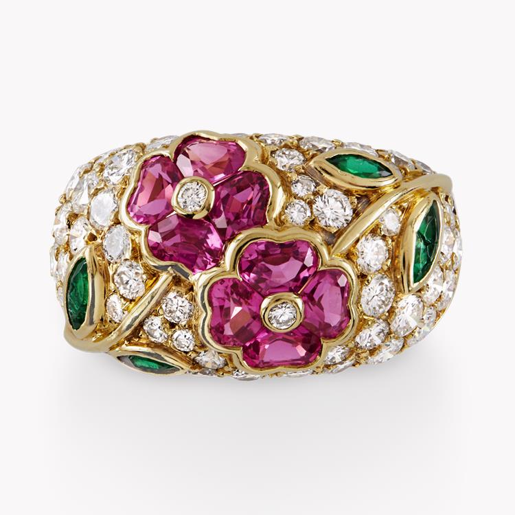 Contemporary Van Cleef & Arpels Floral Ring 4.40CT in Yellow Gold Cocktail Ring, with Diamond, Pink Sapphire & Emerald_2