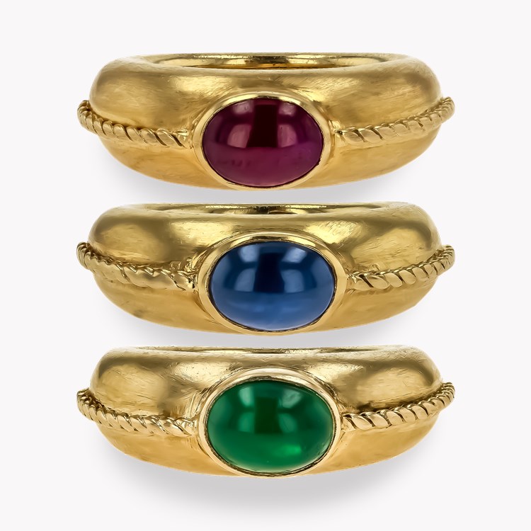 1960s Emerald, Ruby and Sapphire Trio of Rings Cabochon Cut, Rubover Set_2