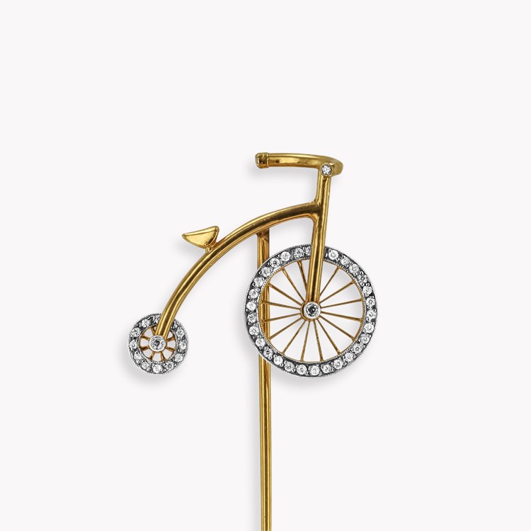 Victorian Diamond Penny-Farthing Stick Pin Old Cut, Grain Set_2