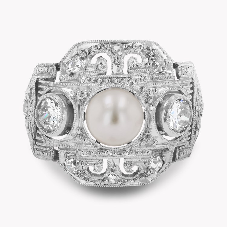 Edwardian Pearl and Old European Cut Diamond Curved Plaque Ring Rubover & Grain Set_2