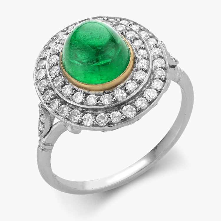 Edwardian Cabochon Colombian Emerald Target Ring Cabochon & Old Cut, Rubover & Claw Set_1