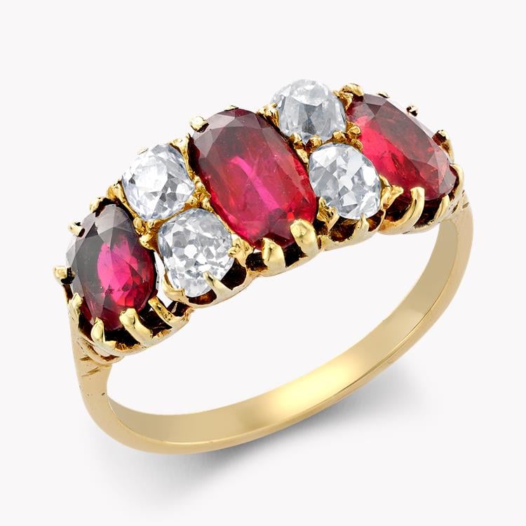 Victorian Seven Stone Ruby & Diamond Ring  0.86ct in 18ct Yellow Gold Oval & Cushion Cut, Claw Set_1