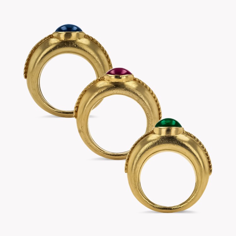1960s Emerald, Ruby and Sapphire Trio of Rings Cabochon Cut, Rubover Set_3