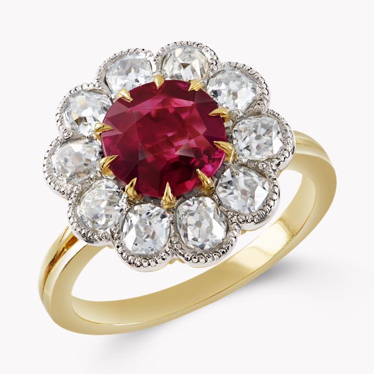 Brilliant Cut Ruby Ring 1.68CT in Yellow Gold Cluster Ring with Old Cut Shoulders_1