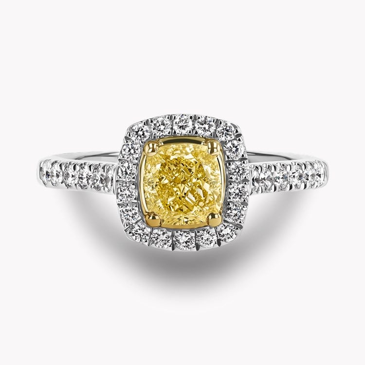 Celestial 0.65ct Fancy Intense Yellow Diamond Cluster Ring Cushion Modern Cut, Four Claw Set_2
